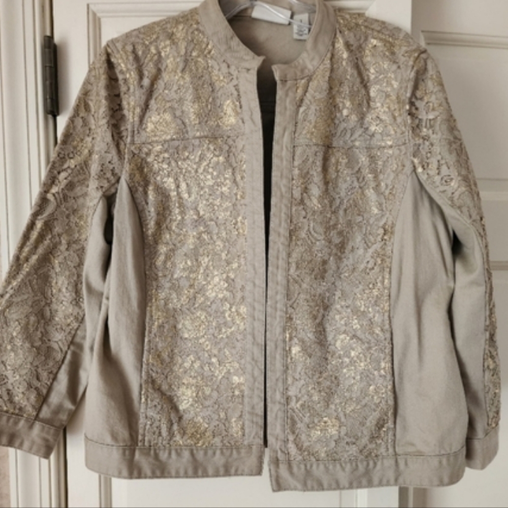 Chico's Platinum Jacket Taupe Gold Stand Collar Lace Overlay Open Front 1 (S/8) - Picture 3 of 10